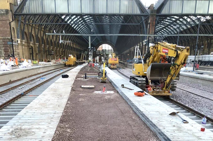 An image of the construction work on platforms at London Kings Cross station, showing work taking place to complete them.