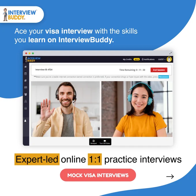 Being a bundle of nerves won't help you get anywhere in your visa interview.

Don't let the gruelling visa interview put to waste your chances of abroad study plans. Practice for your visa interviews with experts from InterviewBuddy.

✔️ Live 1:1 online video based mock interviews with experts
✔️ Constructive feedback with tips to improve upon any weaker areas and bolster confidence
✔️ Unlimited recording access to replay and review your mock interview for self-improvement
✔️ Bolster your confidence and crack your actual visa visa interview with ease
✔️ Email support to help answer any questions post the mock interview
✔️ Trusted by over 20,000 candidates from 25  countries
✔️ Tailored mock interviews to suit your requirements

Book your visa mock interview here - https://rzp.io/l/BZxJ5jvN7 

#hacktheinterview #visainterview #mockinterview