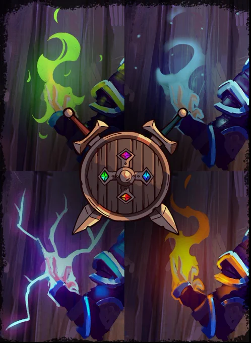 Wooden shield adorned with 4 gems that match the background magic of nature, ice, storm, and fire
