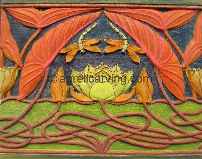 Art Nouveau hand carved and painted headboard 