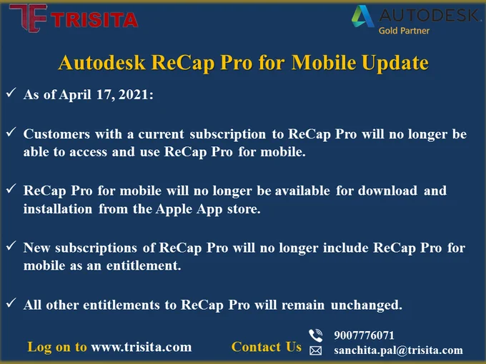 Hello Connections,

Important Notice from Autodesk on ReCap Pro for Mobile Update

#autodeskpartner #autodesk #recappro #teamtrisita #notice