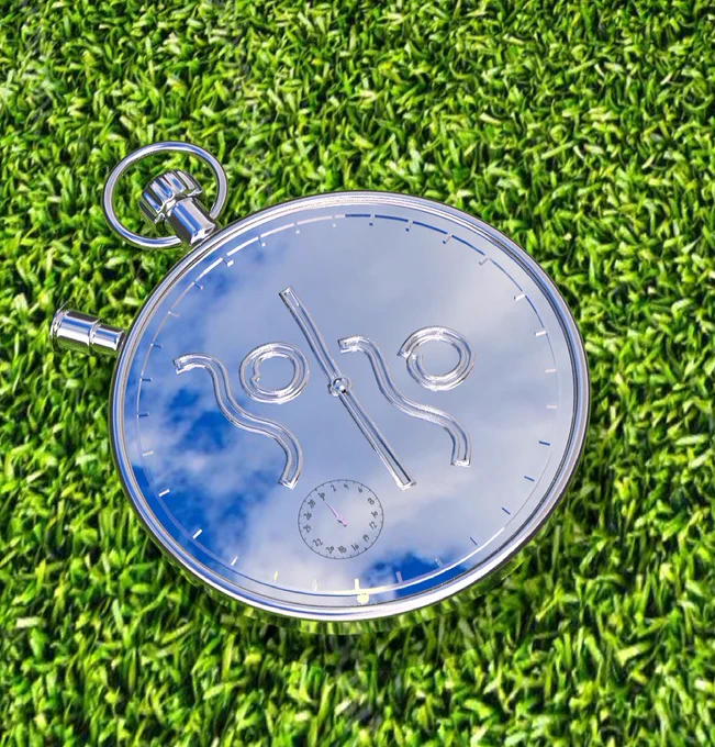 A silver stopwatch lays on bright green astroturf in the centre this 3-D digital image. The face of the stopwatch features the 30 30 logo divided by the hands of the watch which form a slash dividing the two numbers. Another small watch dial is in the bottom left-hand corner of the face of the stopwatch. A blue sky with fluffy white clouds is reflected in the surface of the watch.