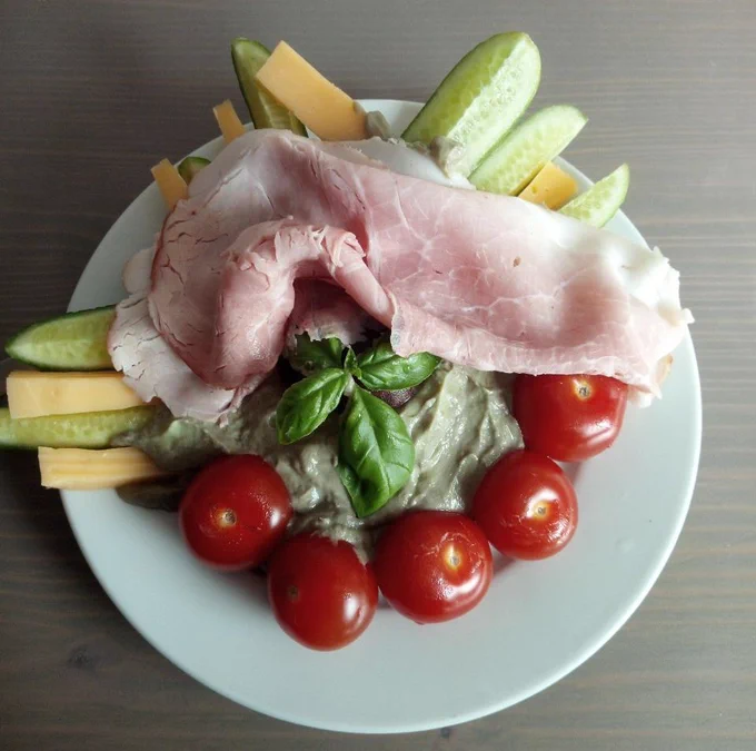 cheese, ham, tomatoes, cucumber, avocado