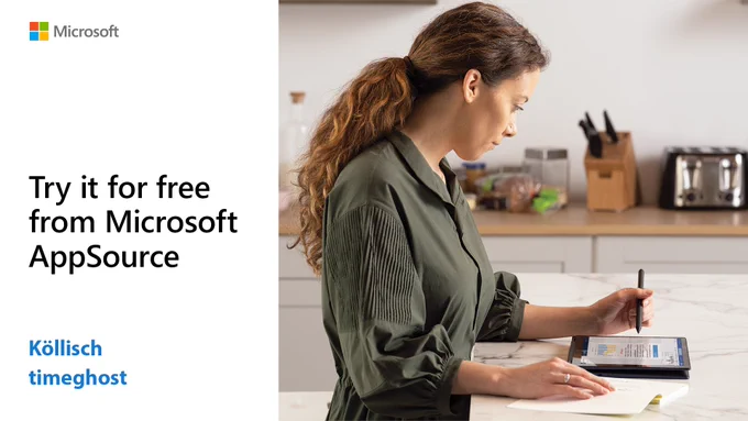 Text reads, "Try it for free from Microsoft App Source. Köllisch time ghost." Person using a tablet.