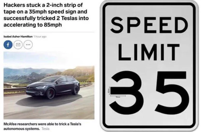 Screenshot: an article titled "Hackers stuck a 2-inch strip of tape on a 35 mph speed sign and tricked 2 Teslas into accelerating to 85 mph"
