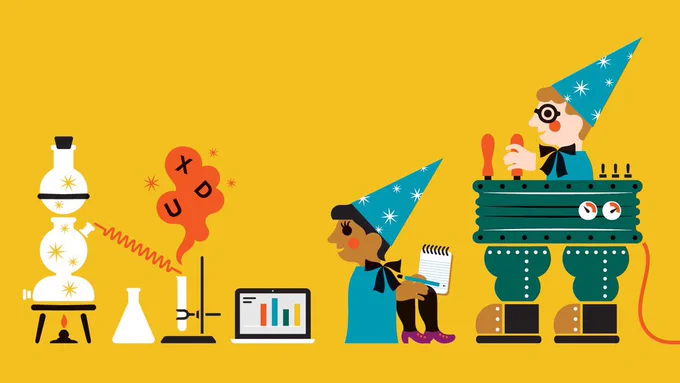 A brightly coloured, playful illustration of two wizard characters working amongst robots, computers, and scientific experiment equipment to magically create a UX&D potion.