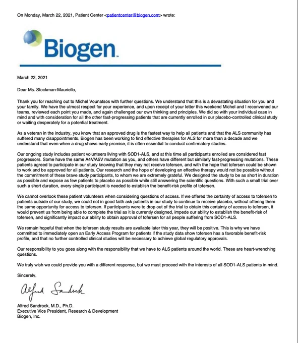 Here is denial letter #3 from @biogen. We will not give up. PLEASE open a Ph3b safety trial or  #VALOR to Lisa and patients in desperate need. @US_FDA PLS work with #Biogen to make this happen. #MoreTime4Lisa #BiogenSayYesToLisa #HumanityAndScienceForLisa #endALS #tofersen4Lisa