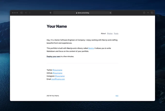 Next.js starter portfolio screenshot of design
