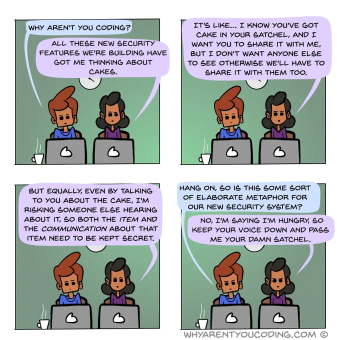1
HIM: Why aren’t you coding?
HER: All these new security features we’re building have got me thinking about cakes.

2
HER: It’s like… I know you’ve got cake in your satchel, and I want you to share it with me, but I don’t want anyone else to see otherwise we’ll have to share it with them too.

3
HER: But equally, even by talking to you about the cake, I’m risking someone else hearing about it, so both the item and the communication about that item need to be kept secret.

4
HIM: Hang on, so is this some sort of elaborate metaphor for our new security system?
HER: No, I’m saying I’m hungry, so keep your voice down and pass me your damn satchel.
