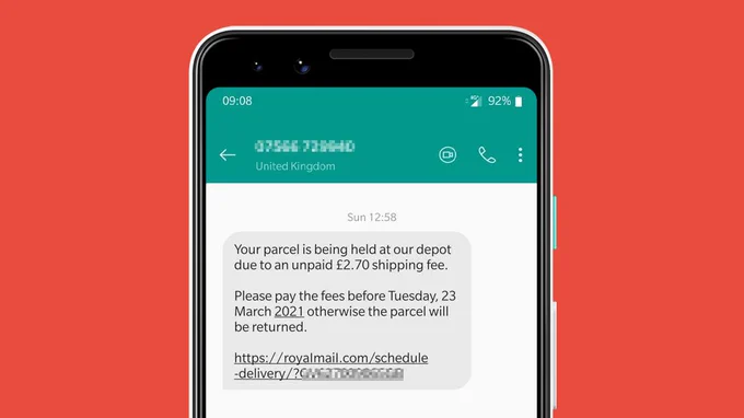 a text from an unknown number that says "your parcel is being held at our depot due to an unpaid £2.70 shipping fee" with a link to schedule delivery