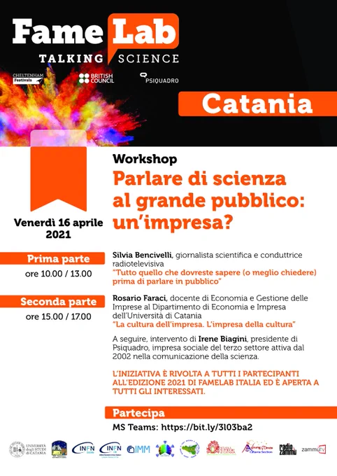 3 minuti per comunicare la passione più grande...la RICERCA. Iscrizioni aperte per Fame Lab Catania 
https://famelab-italy.it/come-partecipare/