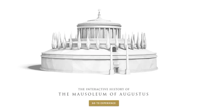 Screenshot of 'The Interactive History of The Mausoleum of Augustus', showing the title and a 3-D model of the colonnaded and tree-lined circular mausoleum.