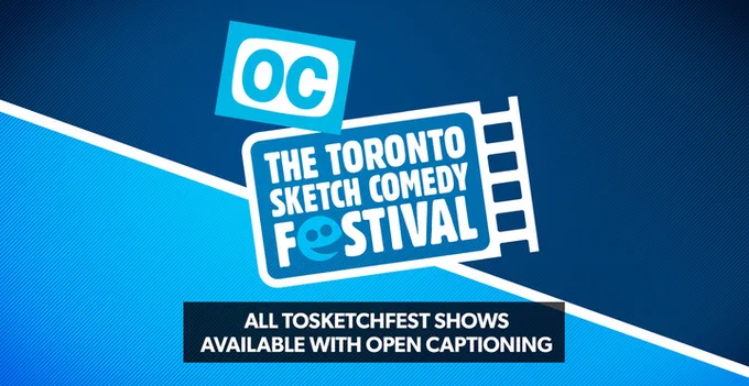 A bright blue and navy blue background with the Open Cation [OC] icon on top. Text on the image that says "All TOsketchfest shows available with open captioning