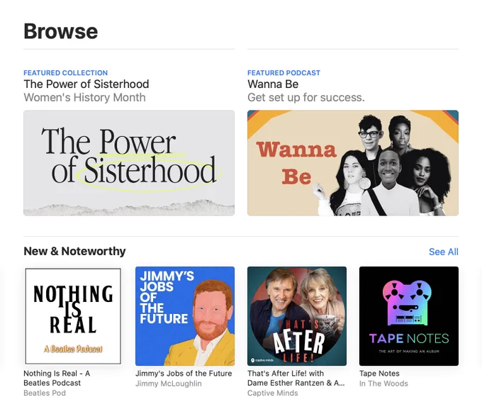 A screenshot of the new and noteworthy section of Apple Podcasts, with the thumbnail for 'That's After Life!' podcast clearly visible amongst others.