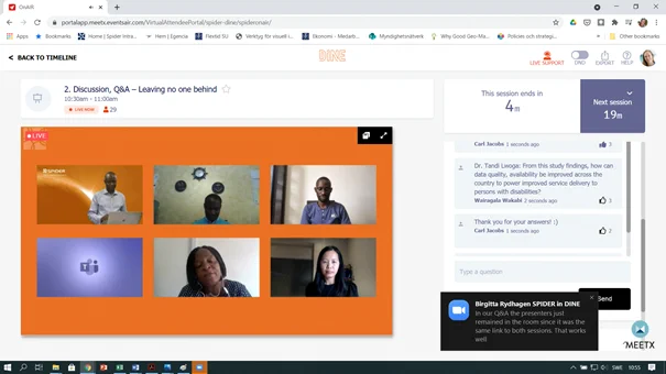 Sceenshot of platform for DINE with chat between six DINE panelists and other participants.
