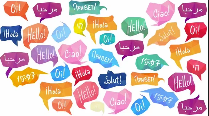 Image: colourful speech bubbles with 'hello' translated into many different languages.