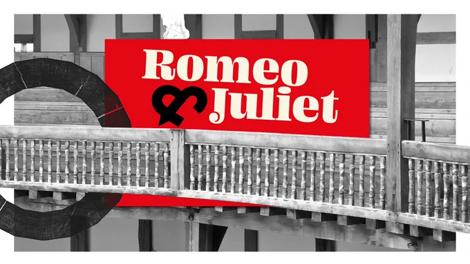 The text: Romeo & Juliet appears above one of the wooden gallery railings in the Globe Theatre.