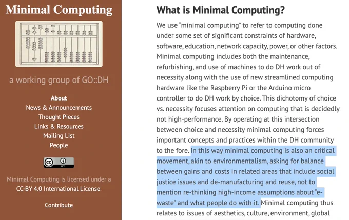 Image of landing page for minimal computing - We use “minimal computing” to refer to computing done under some set of significant constraints of hardware, software, education, network capacity, power, or other factors. https://go-dh.github.io/mincomp/about/