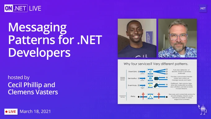 Image showing the On .NET Live Show’s title slide with the show title Messaging patterns for .NET developers on the left and a computer monitor live streaming the show host as he conducts the webinar virtually on the right.