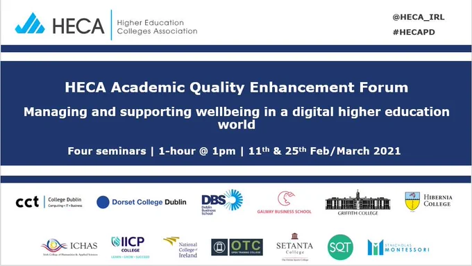 HAQEF's final seminar of 2021 wellbeing takes place today. Hibernia College is delighted to be leading this session on 'Supporting well-being through online learning communities'.
#HECAPD #HCQuality @HECA_IRL
This image is of HECA's session today on 'supporting well-being through online learning communities'.