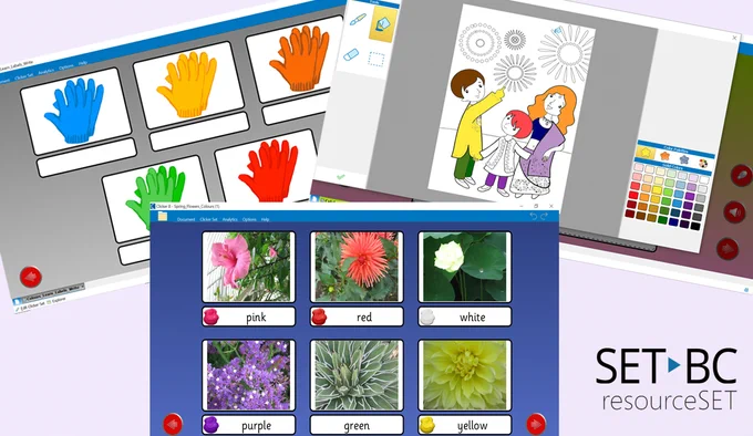 A collage of 3 different colour-themed resources from resourceSET, all Clicker pages.  The first is a colour label activity with different coloured gloves to label. The second is colouring page - partially coloured using the Paint function of Clicker - of a family looking at fireworks. The third is a Spring flower colour labeling activity.