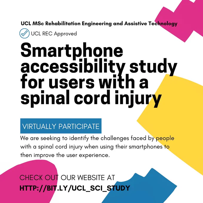 A white banner with blue, pink and yellow accents surrounding the words “smartphone accessibility study for users with a spinal cord injury”.
