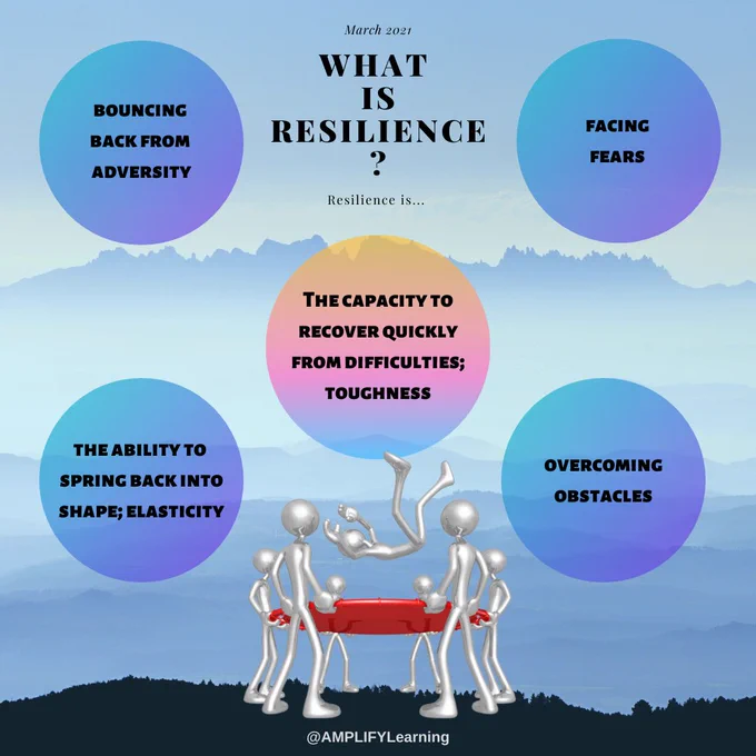 A couple of definitions of resilience - including, 'bouncing back from adversity'; 'facing fears'; 'the capacity to recover quickly from difficulties & toughness'; 'the ability to spring back into shape'; 'overcoming obstacles'. 