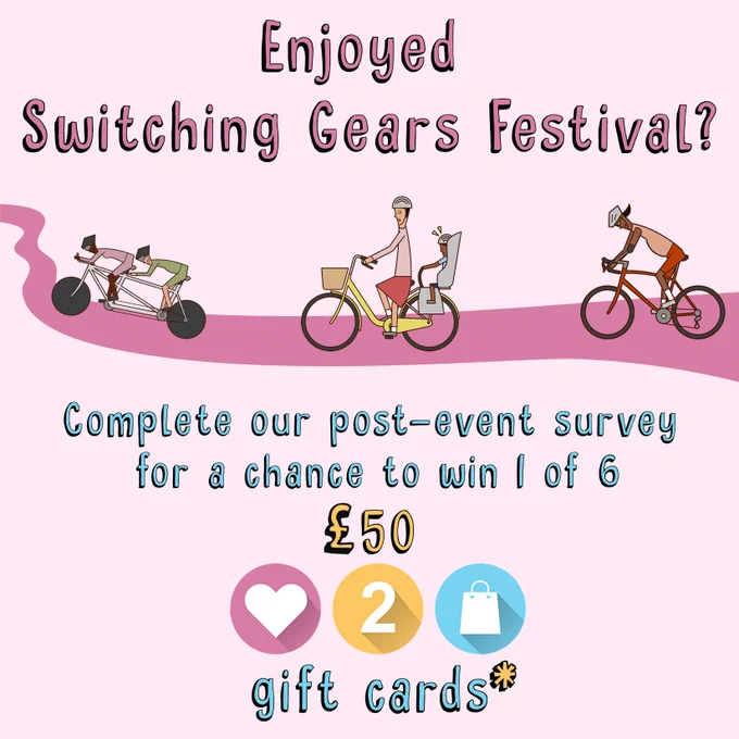 ID: On a pale pink background is a dark pink path. On the path (from left two right) are two cyclists on a white tandem bike, a cyclist with a child on a yellow hybrid bike, and a cyclist on a red adapted bike. Text above the image reads “Enjoyed Switching Gears Festival?”. Below the image the text reads “Complete our post-event survey for a chance to win 1 of 6 £50 [Love 2 Shop logo] gift cards*”