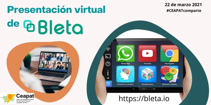 Fotografías de la tableta y de un ordenador con la pantalla en videoconferencia. Logo del Ceapat.