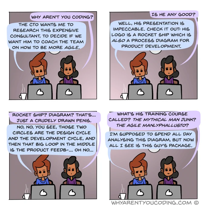 1
HER: Why aren't you coding?
HIM: The CTO wants me to research this expensive consultant, to decide if we want him to coach the team on how to be more agile.

2
HER: Is he any good?
HIM: Well, his presentation is impeccable. Check it out: his logo is a rocket ship which is also a process diagram for product development.

3
HER: Rocket ship? Diagram? That’s... just a crudely drawn penis.
HIM: No, no, you see, those two circles are the design cycle and the development cycle, and then that big loop in the middle is the product feedb-... oh no...

4
HER: What's his training course called? The Mythical Man Junk? The Agile Manlyphallusto?
HIM: I’m supposed to spend all day analysing this diagram, but now all I see is this guy’s package.
