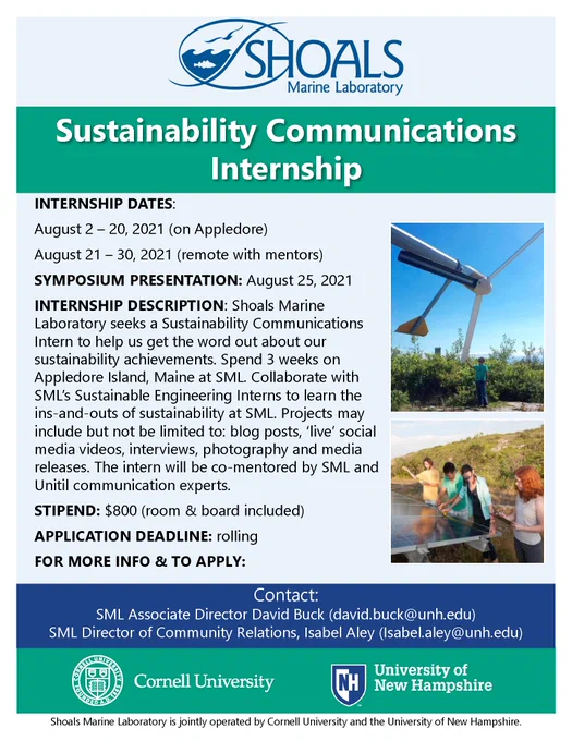 Shoals Marine Laboratory Sustainability Communications Internship Flyer. Contact david.buck@unh.edu