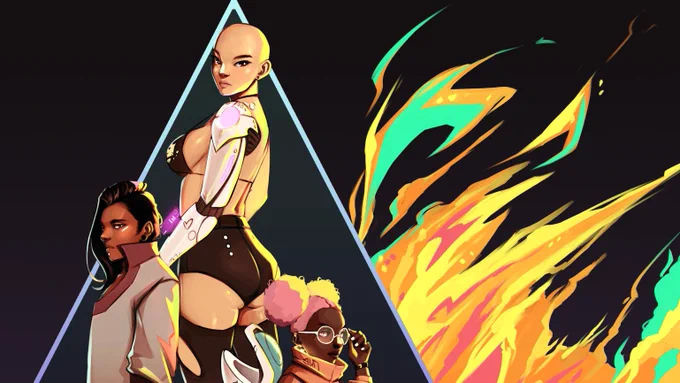 A drawing of three people - a bald one with pale skin and a robotic arm looking over their shoulder towards the viewer, one with darker skin and an undercut facing left, and a dark skinned person with pink hair poofs looking through their glasses. The image is in full color and there are vibrant neon flames on the right side.