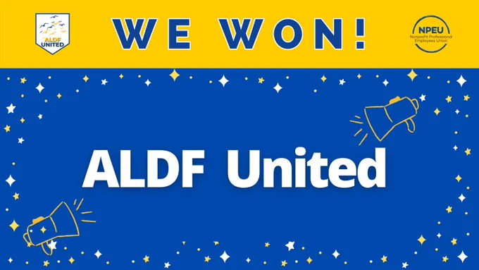 Yellow banner with blue text that says "WE WON!", on the left is a blue fist icon and on the right a blue NPEU logo. Below is a blue box white text that says "ALDF United" with yellow and white stars around it.