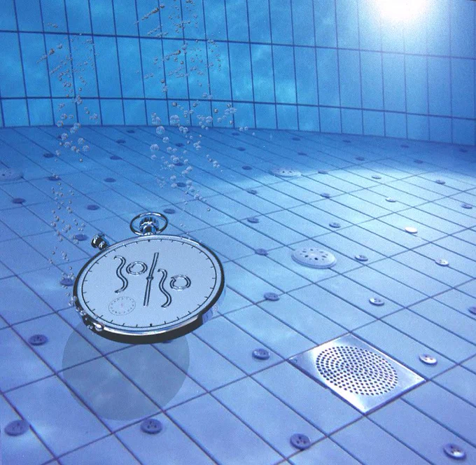 A digitally rendered image of a large silver stopwatch sinking to the bottom of a tiled swimming pool. Bubbles rising from just above it. The face of the stopwatch features the 30 30 logo divided by the hands of the watch which form a slash dividing the two numbers. Another small watch dial is in the bottom left-hand corner of the face of the stopwatch.