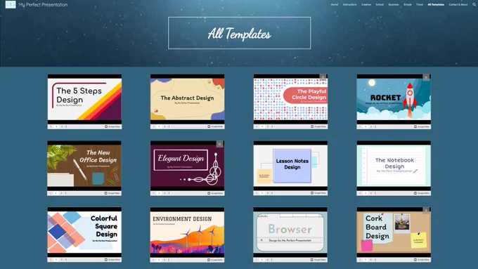 Website screenshot showing a variety of presentation templates