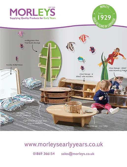 Image of the Morleys Early Years catalogue, featuring a small child playing with a natural resources treasure basket.
