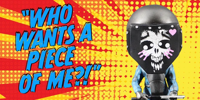 Comic book style photo showing the cute bobblehead dozer with the text "Who wants a piece of me?".
