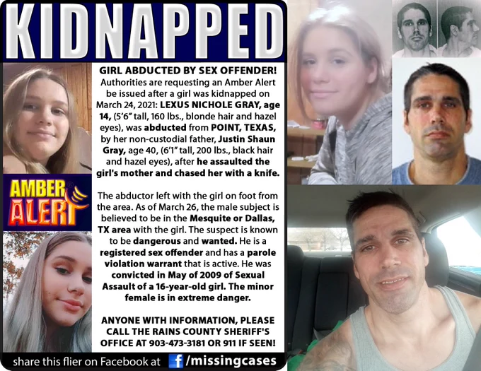 #AmberAlert activated today Sex Offender kidnaps girl Lexus Gray 14 abducted #Point #Texas by her noncustodial father Justin Shaun Gray 40, after he assaulted the girl's mom and chased her with a knife He's believed to be in #Mesquite or #Dallas #TX has a parole violation warrant