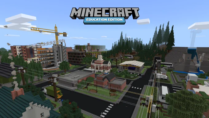 An aerial view of a city skyline in Minecraft: Education Edition.