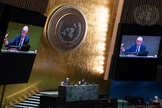 A view of the UN General Assembly Chamber, with UN PGA Volkan Bozkir presiding.