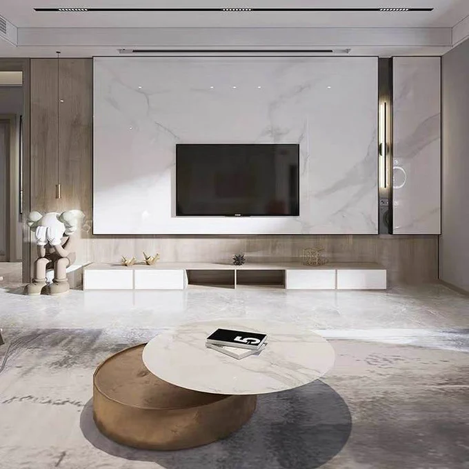 Back panelling with grooved mdf and marble for tv area living unit. Interior designs for living room and tv unit is of utmost importance. It is really tough to have minimalistic yet appealing impact on the same.
