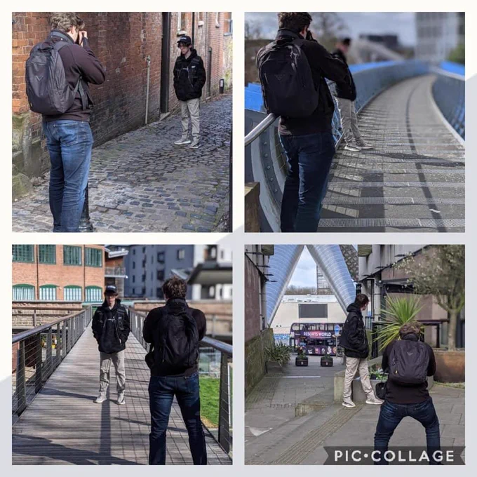 A young man poses for a photoshoot in four different locations with a professional photographer in Coventry city centre.