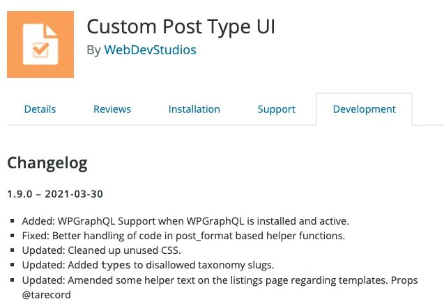 Screenshot of the Custom Post Type UI 1.9.0 changelog showing WPGraphQL support being added.