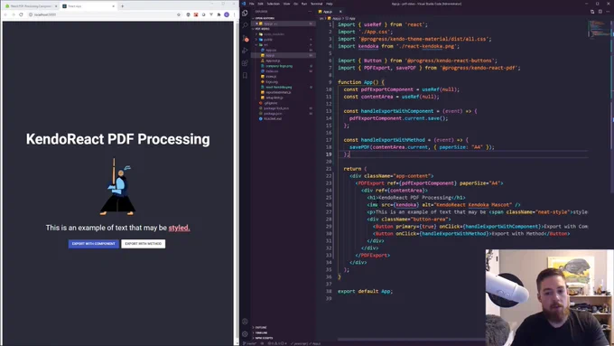 Code shown on a computer screen and a man speaking on a microphone.