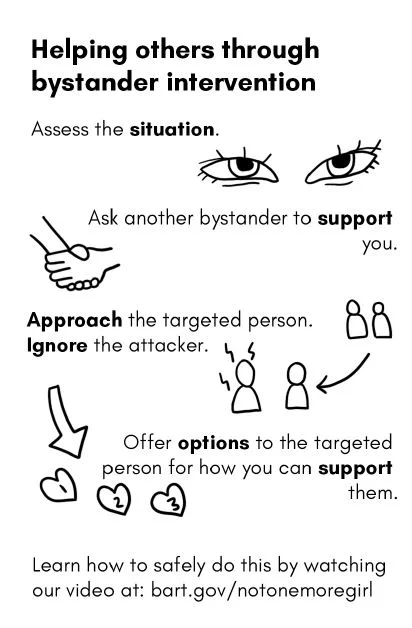 Back page of the zine of resources for gender-based violence on BART, created by Kathy Liang. Print it out, fold it horizontally (at the dash line), then fold in half, and half again. It will read like a book with a cover and back page.