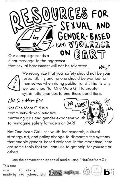Front page of the zine of resources for gender-based violence on BART, created by Kathy Liang. Print it out, fold it horizontally (at the dash line), then fold in half, and half again. It will read like a book with a cover and back page.