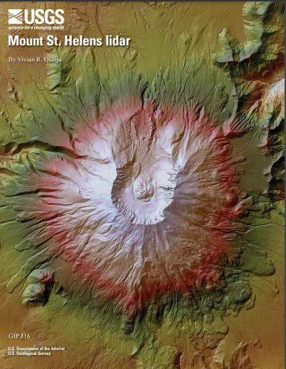 Colorful, green, red, orange,, brown, and white lidar image of Mount St. Helens. 