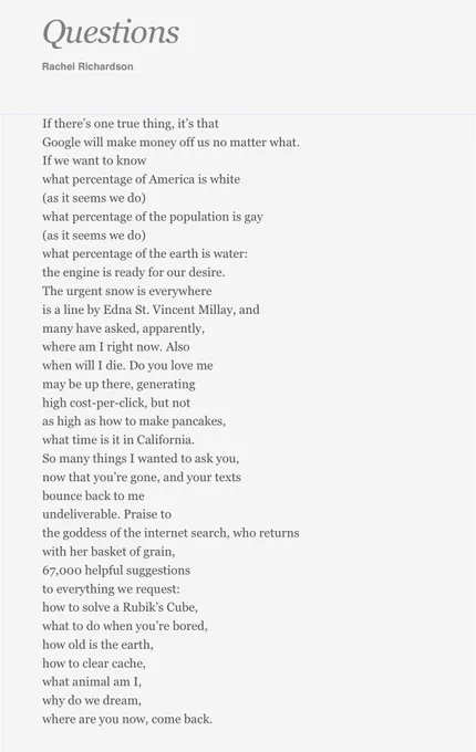 Image contains the poem “Questions” by Rachel Richardson