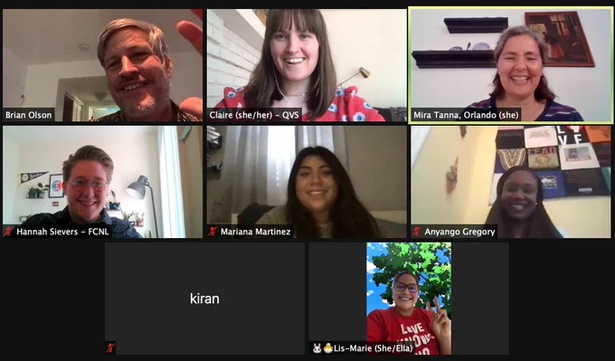 Screenshot of 8 Friends (including staff from QVS, FCNL, and AFSC) smiling and waving at the close of an informational and fun panel at SEYM!