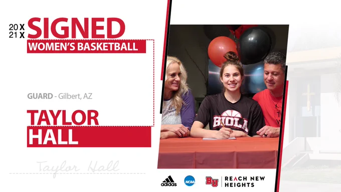 Signing day graphic of Taylor hall with mom and dad